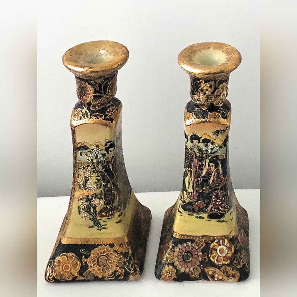 Vintage Japanese Satsuma Style Hand Painted Porcelain Candlestick Holders